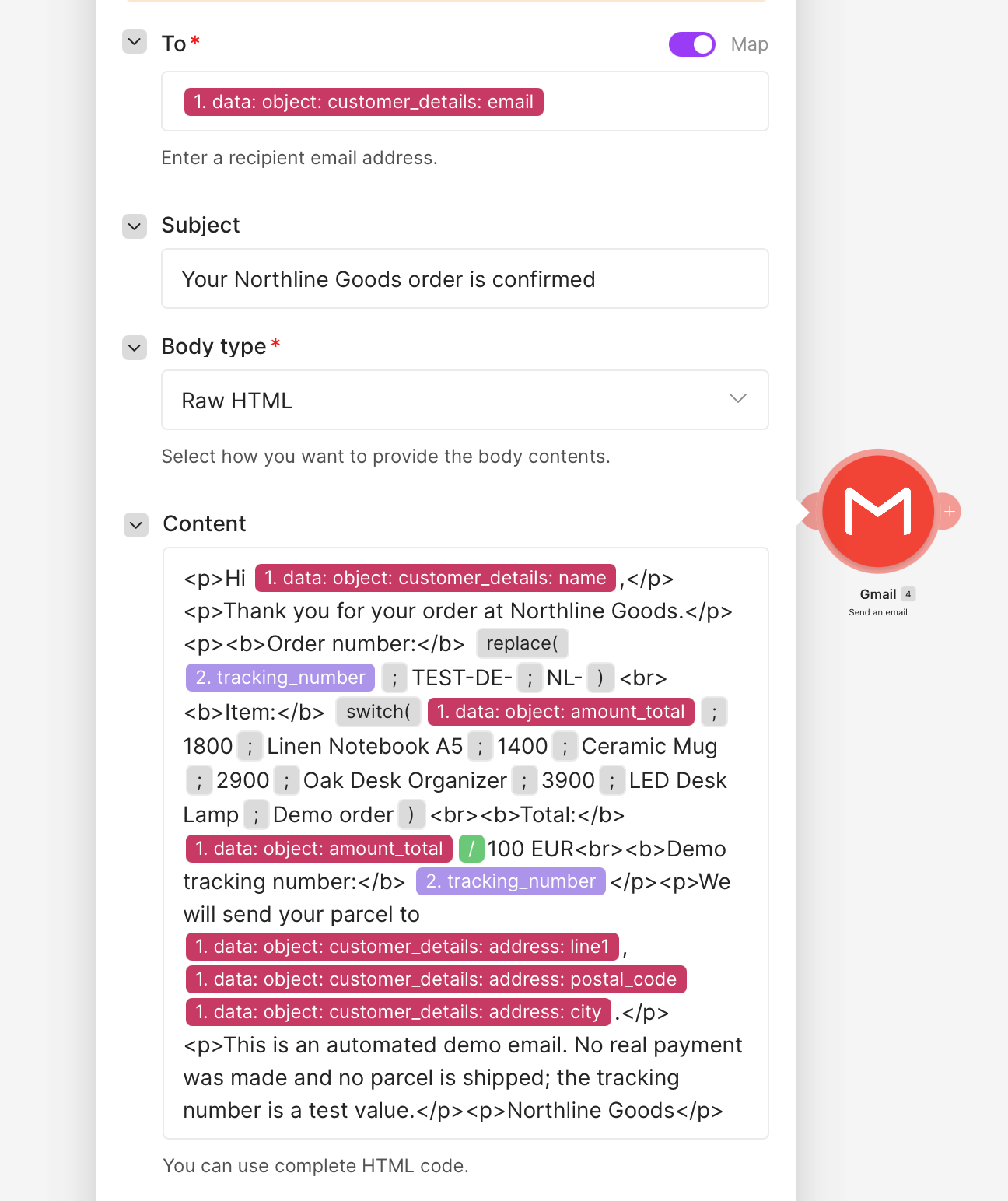 Gmail module with an HTML order confirmation email template