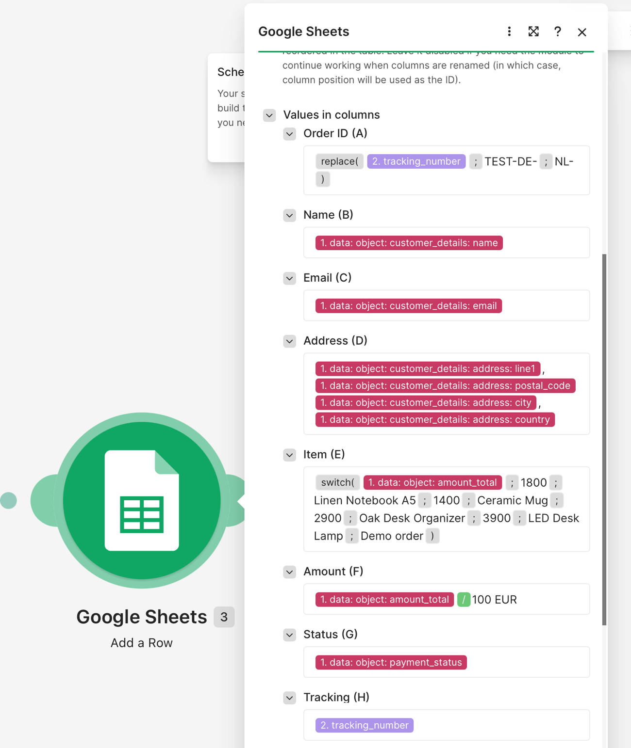 Google Sheets module mapping order data to spreadsheet columns